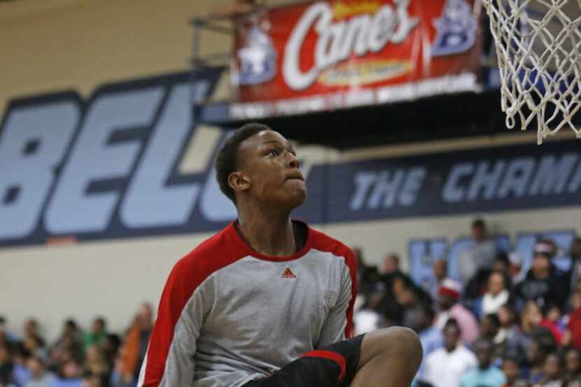 Euless Trinity Myles Turner warms up prior to their high school boys basketball game held at...