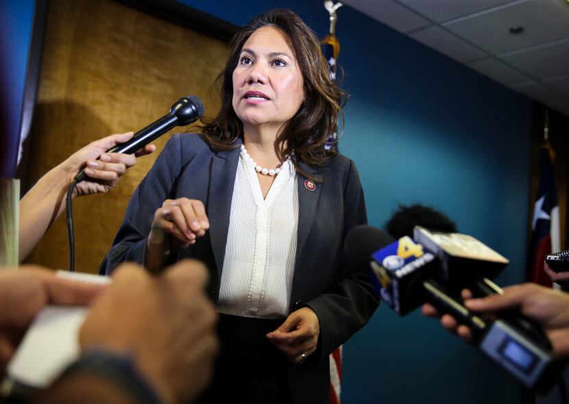 Rep. Veronica Escobar, D-Texas, speaks to members of the media during a news conference on...