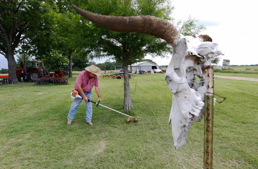 Kenneth Jones trims grass near a tree on some of his 400 acres of land near the future North...