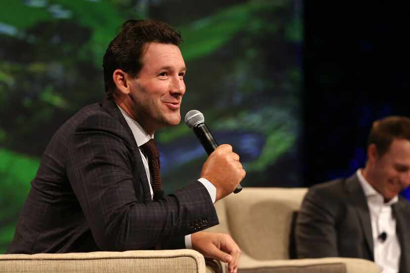 Tony Romo speaks alongside Jordan Spieth during "A Conversation With a Living Legend" at the...