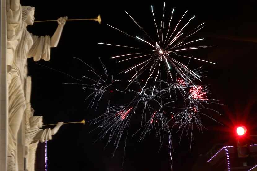 Fireworks heralded the arrival of 2016 near Bass Performance Hall during the New Year's Eve...