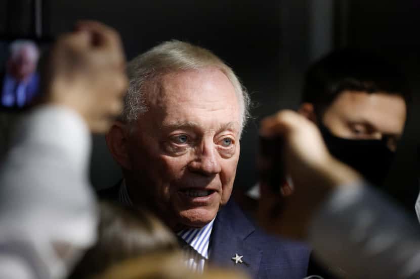 Dallas Cowboys owner and general manager Jerry Jones speaks to reporters following the 36-28...