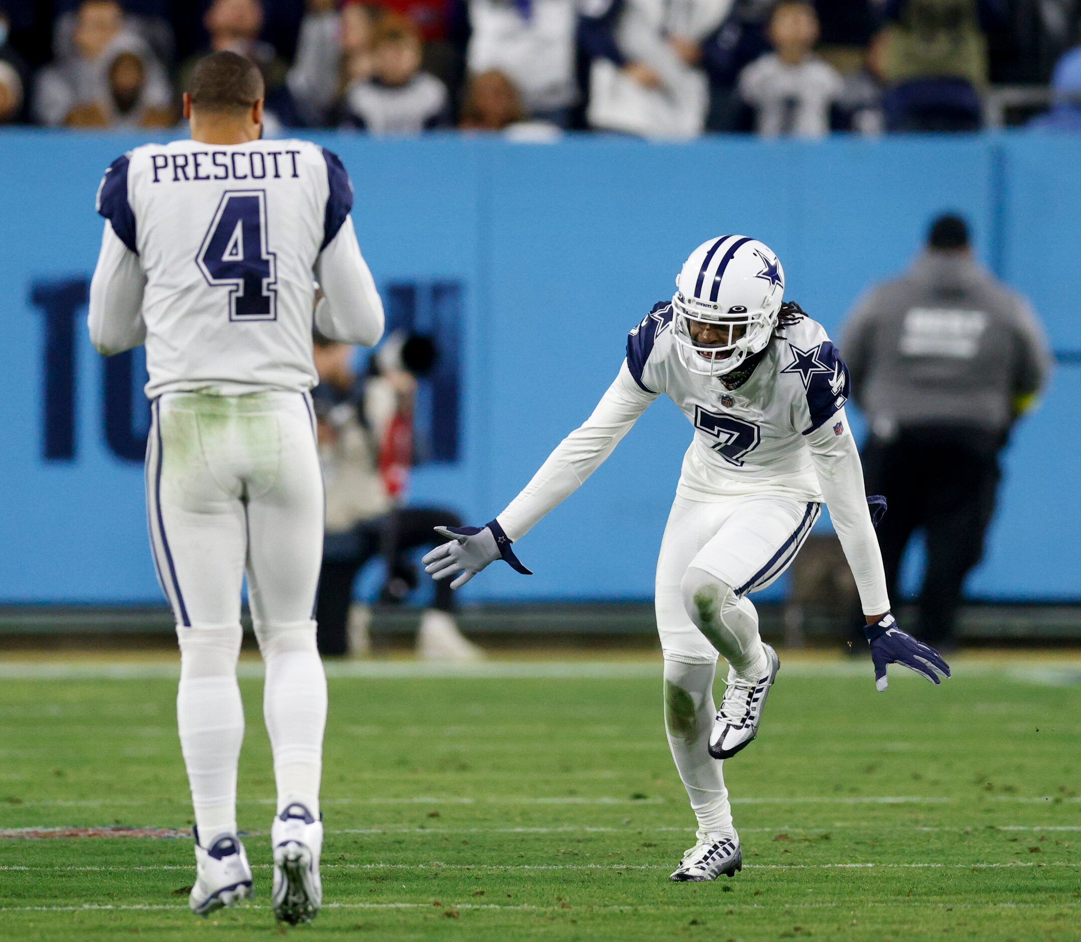 Dallas Cowboys cornerback Trevon Diggs (7) celebrates after the defense recovered a fumble...