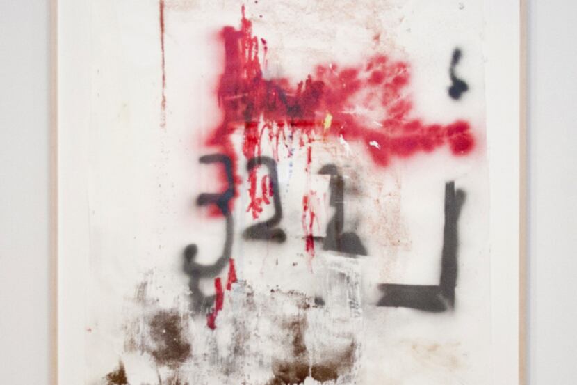 Materials on Lapthisophon's "Red" (2013) include spray paint, an oil stick, ink, pigmented...