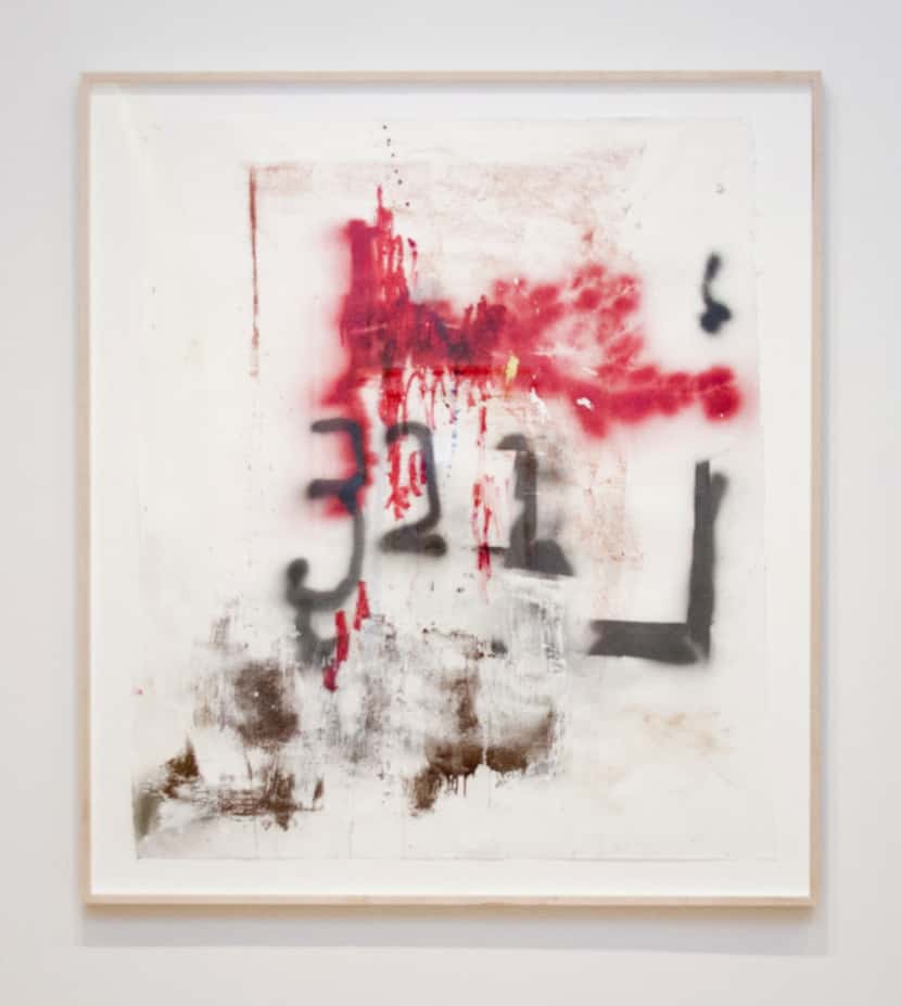 Materials on Lapthisophon's "Red" (2013) include spray paint, an oil stick, ink, pigmented...