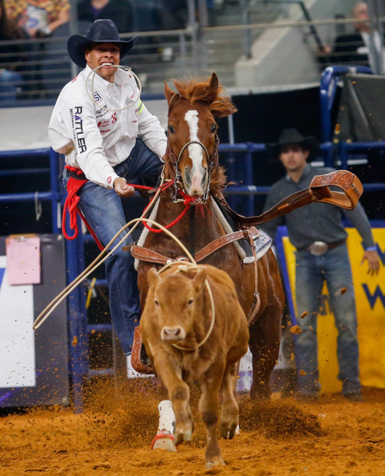 Shad Mayfield lassos a calf during the tie-down roping competitio of RFD-TV's The American...