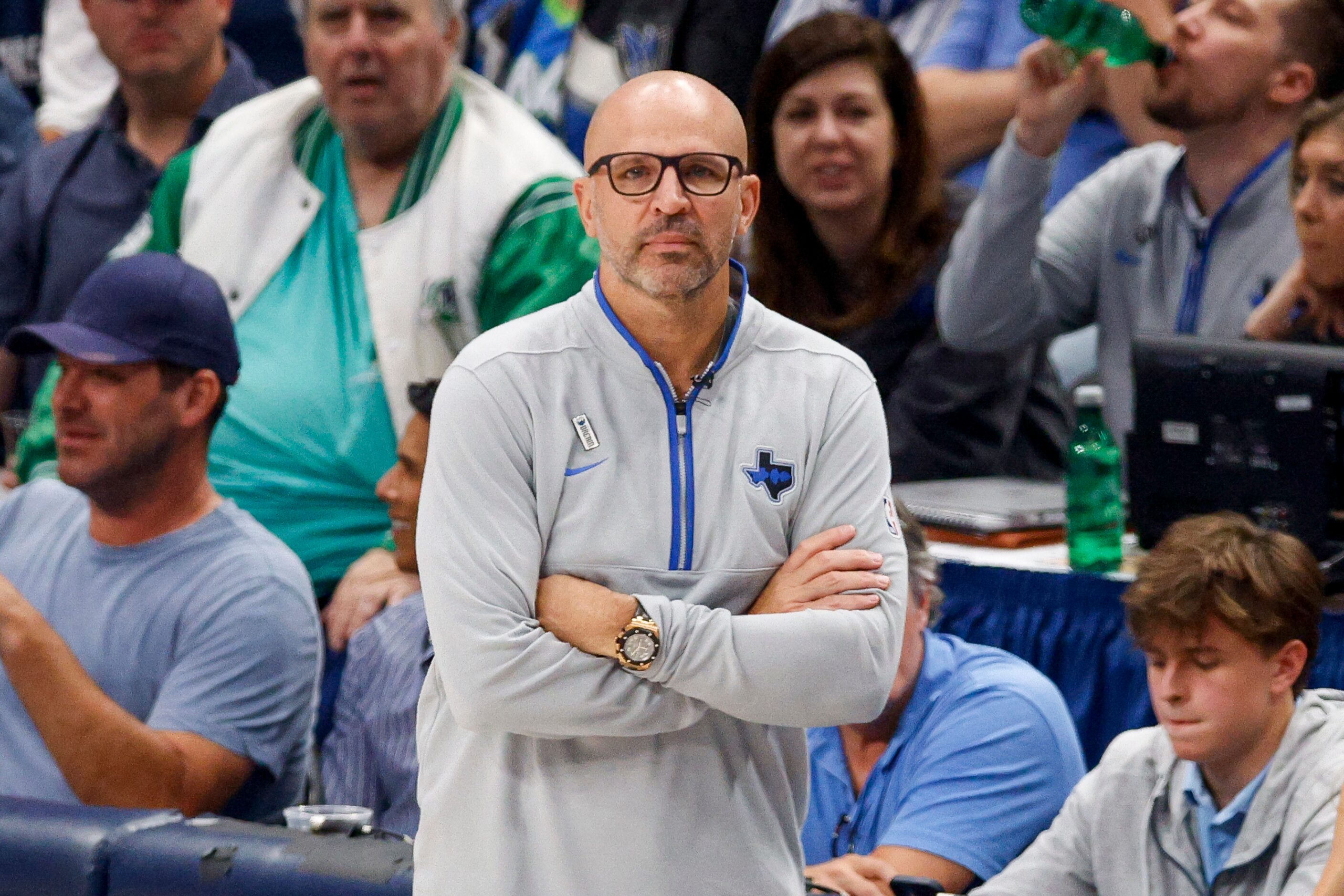 Dallas Mavericks head coach Jason Kidd watches the first half of Game 6 of an NBA basketball...