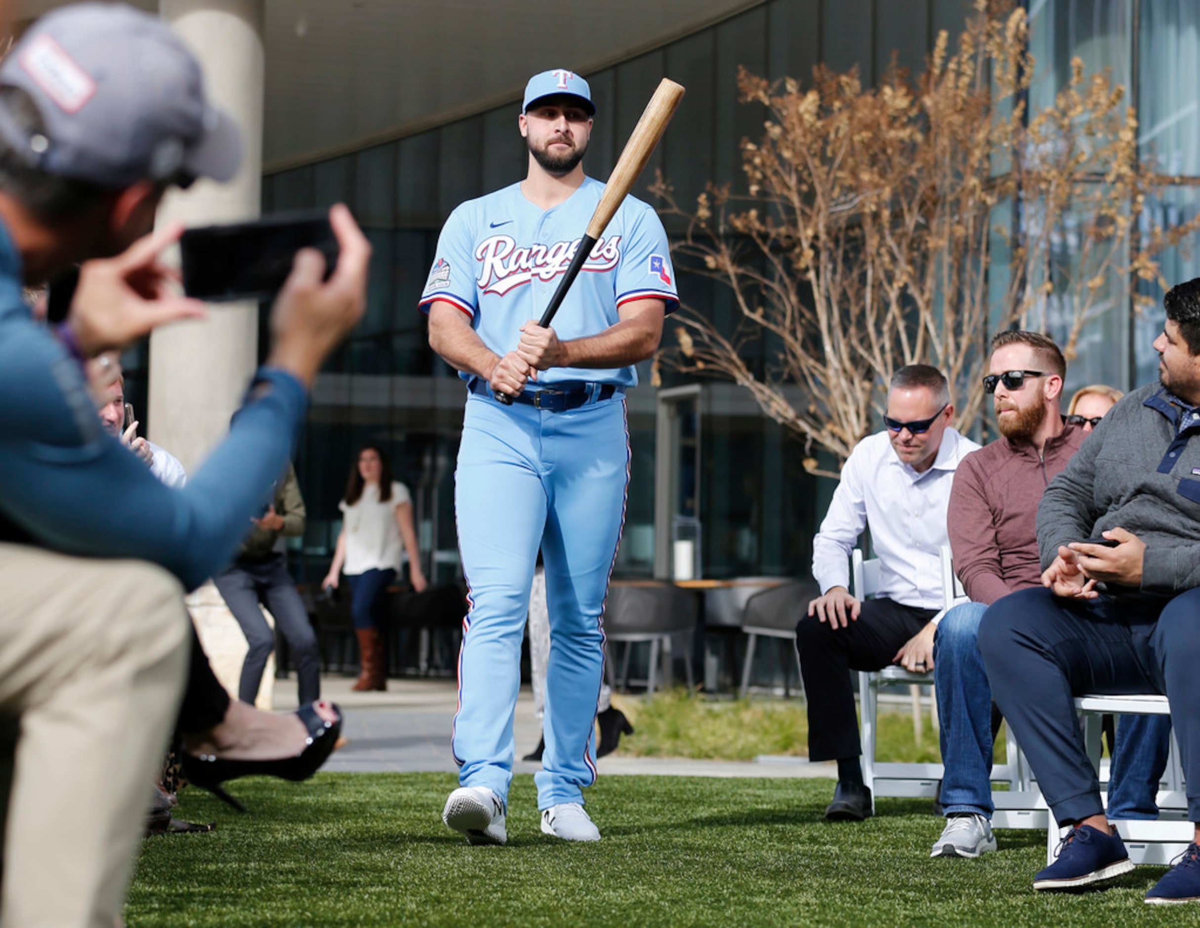 Texas Rangers Joey Gallo walks the aisle during the unveiling of the 2020 uniforms at Live!...