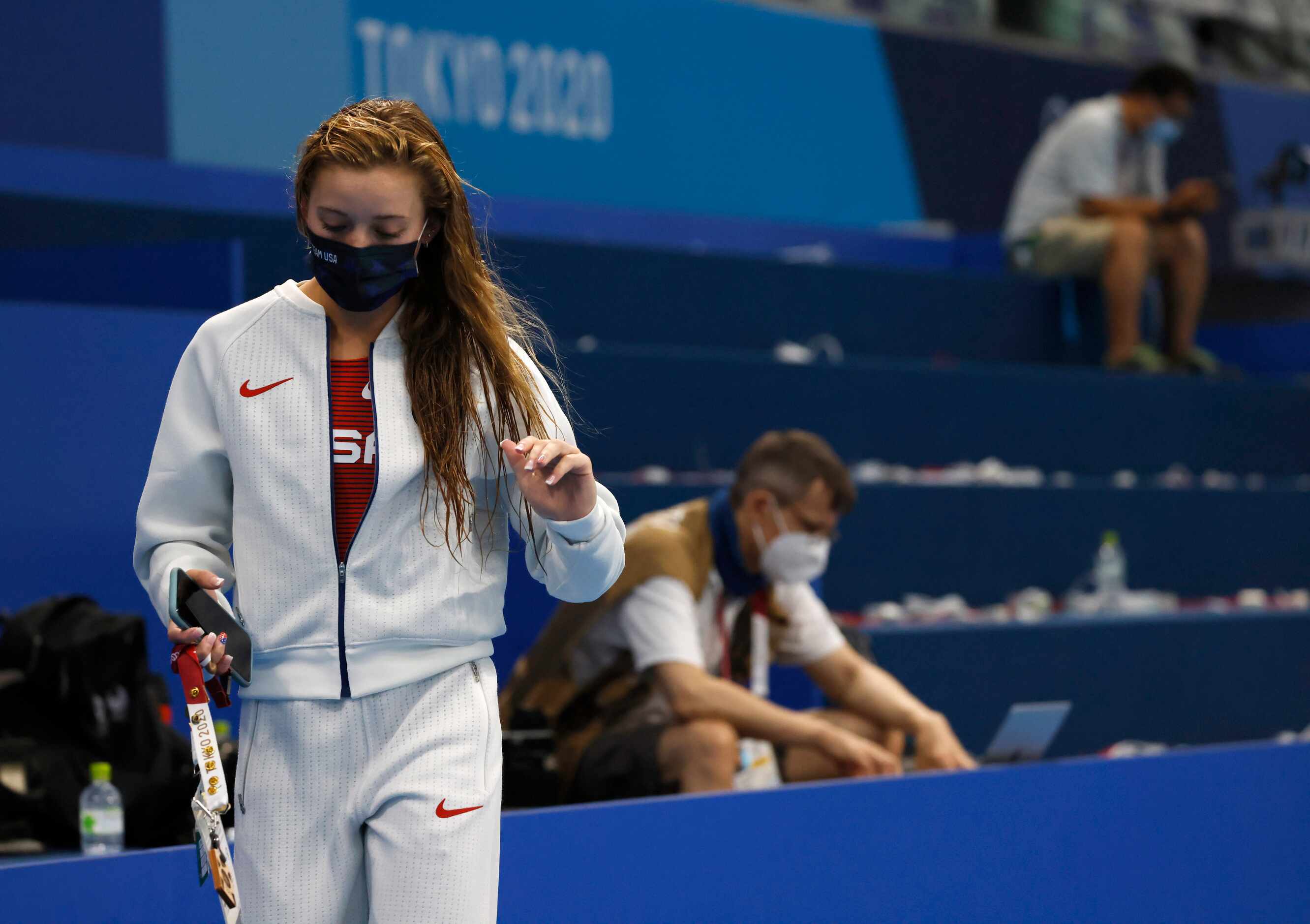 USA’s Hailey Hernandez makes her way towards coaches after finishing up with interviews with...