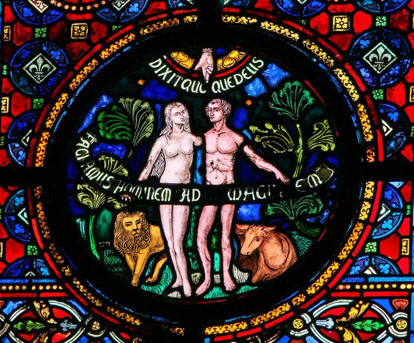 Dinant, Belgium - Oct. 16, 2011: Creation of Adam and Eve, stained glass window in the...