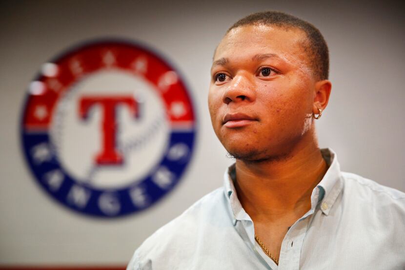 New Texas Rangers outfielder Michael Choice, who was acquired from the Oakland AÕs on...