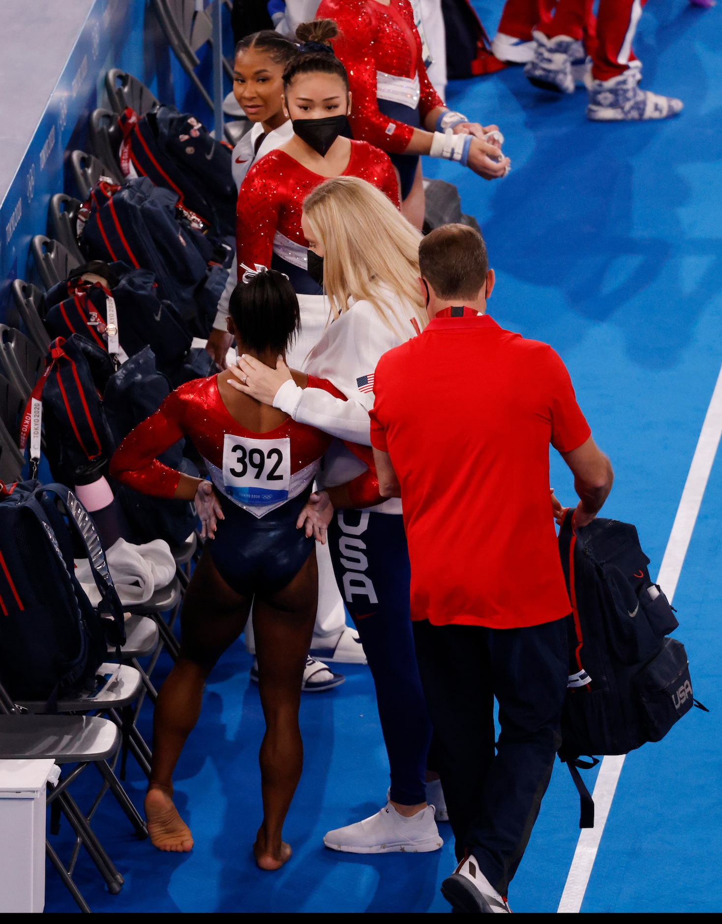 USA’s  Simone Biles talks to her coach Cecile Landi after competing on the vault during the...