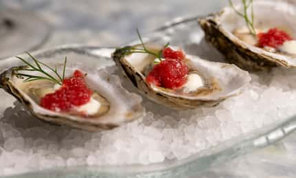Blood orange granita is added to oysters at Dolce Riviera in Dallas.