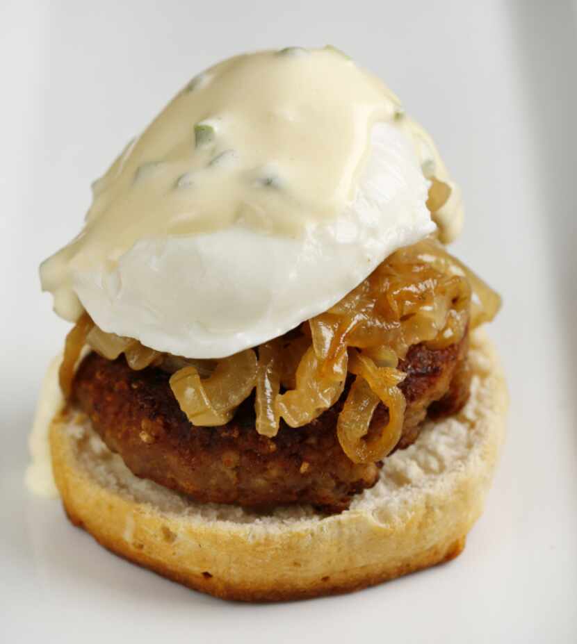 Go South by Southwest with a split biscuit, caramelized onions, specy breakfast sausage, the...