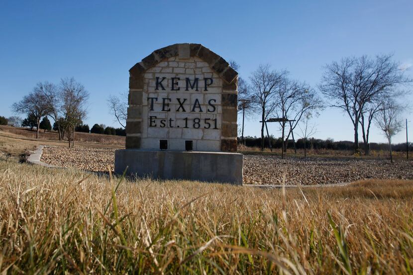 A stone marker stands at the exit from US 175 to Kemp, Texas. (Guy Reynolds/The Dallas...