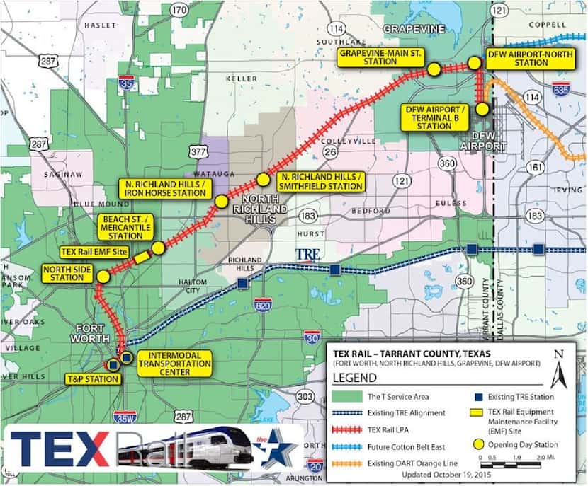A map shows the proposed route for TEX Rail, a commuter rail line between Fort Worth and DFW...