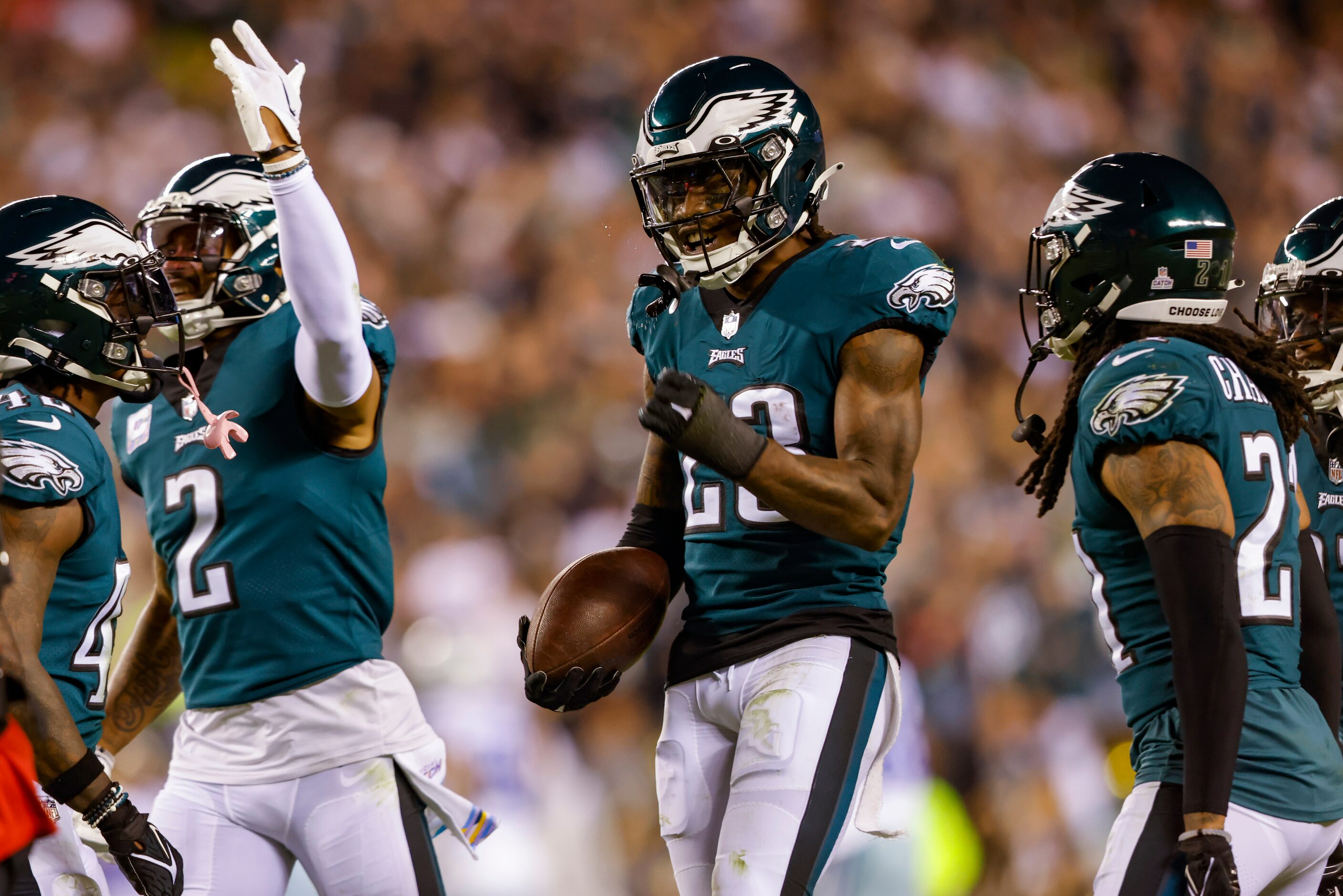 Philadelphia Eagles safety C.J. Gardner-Johnson (23) celebrates after intercepting a pass...