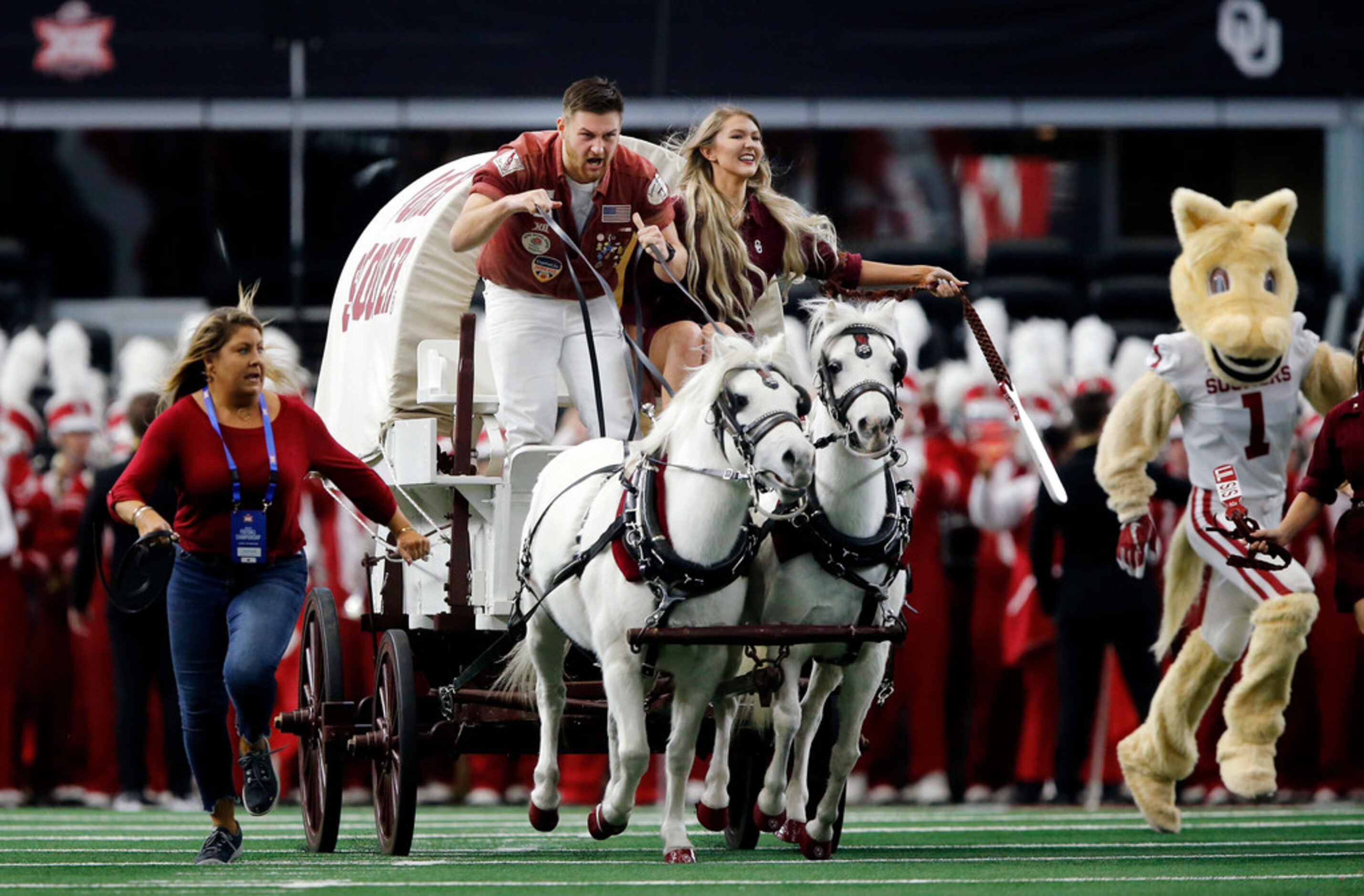 The Oklahoma Sooner Schooner led to the team onto the field during team introductions before...