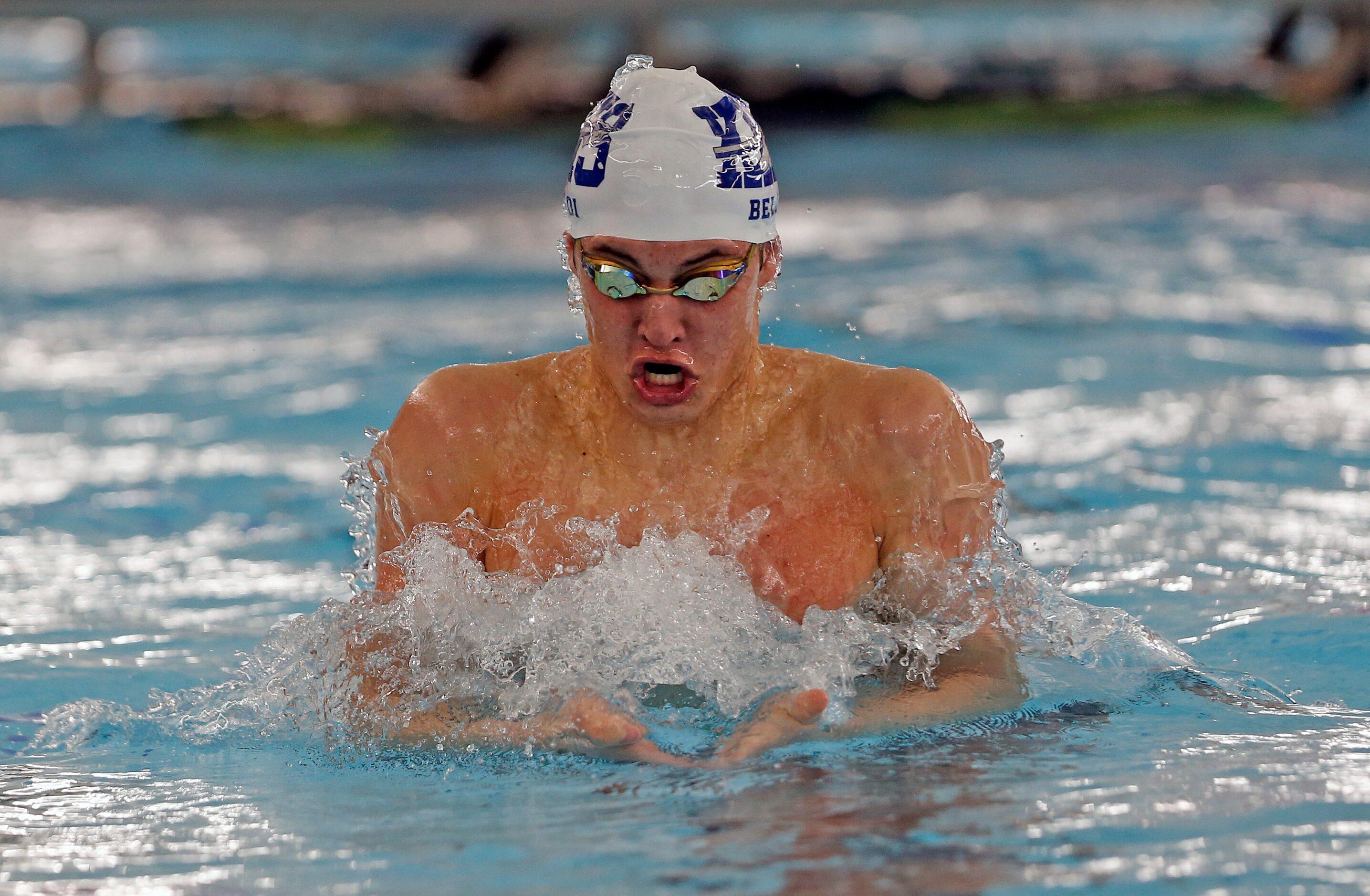 Keller's Noah Beladi competes in boys 100 yard breastroke. UIL boys 6A swim finals on...