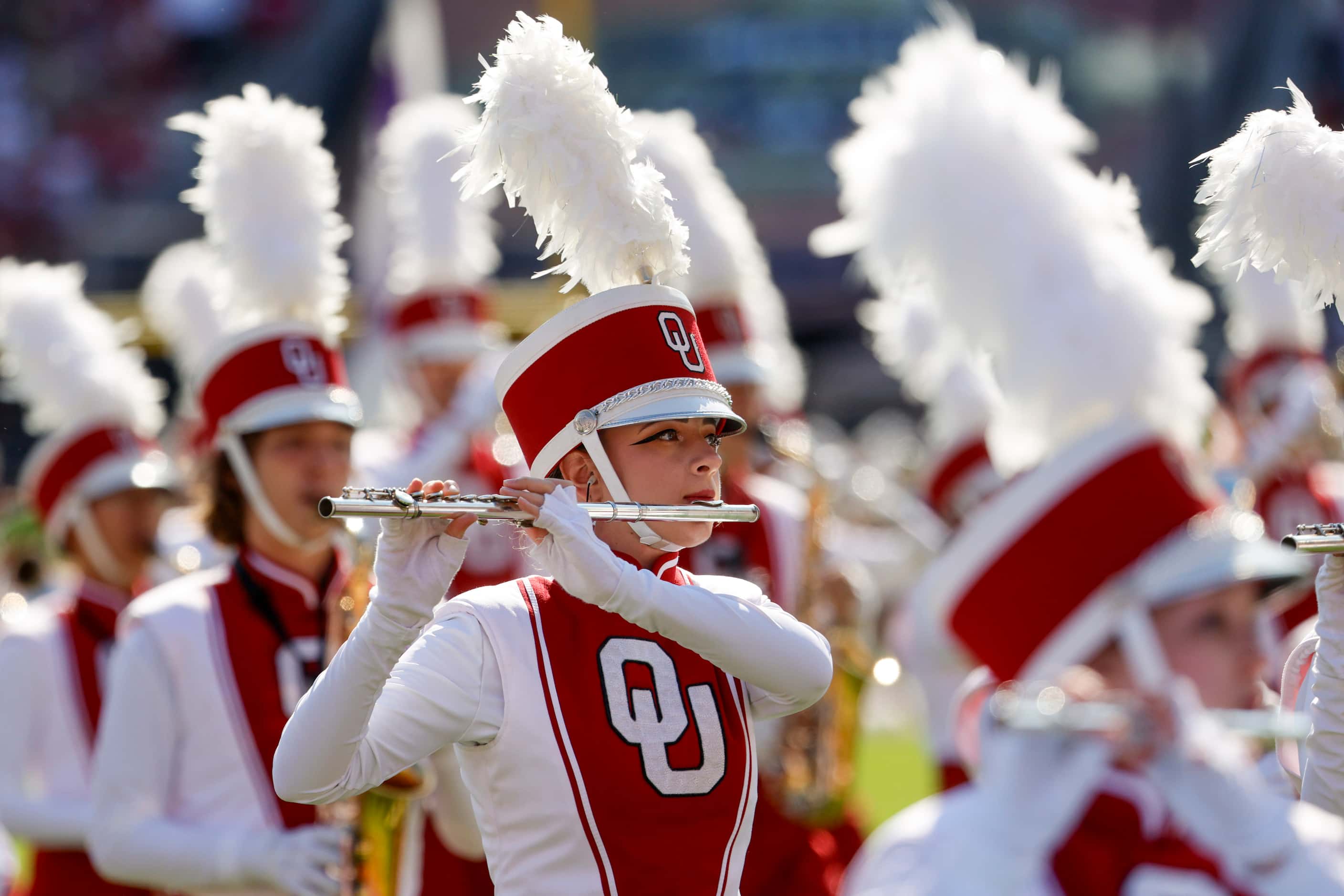 Oklahoma band members perform ahead of the Red River Rivalry at the Cotton Bowl, on...