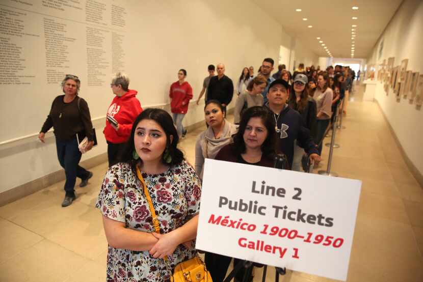 Leslie Marrufozo waits at the front of the line for the "Mexico 1900-1950: Diego Rivera,...