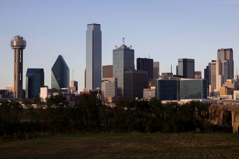 The Dallas skyline photographed on Friday, Oct. 6, 2023. (From left) Reunion Tower, AMLI...