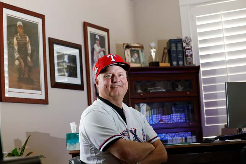 Texas Rangers fan Mike Leasor wears his Texas Rangers  jersey with Adrián Beltré’s signature...