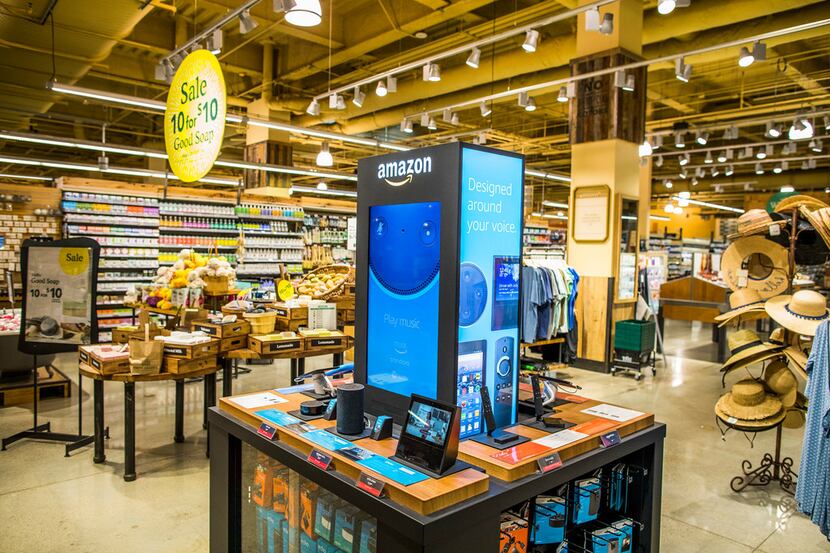 Amazon products on display inside Whole Foods' flagship store in Austin, Texas, Feb. 23,...