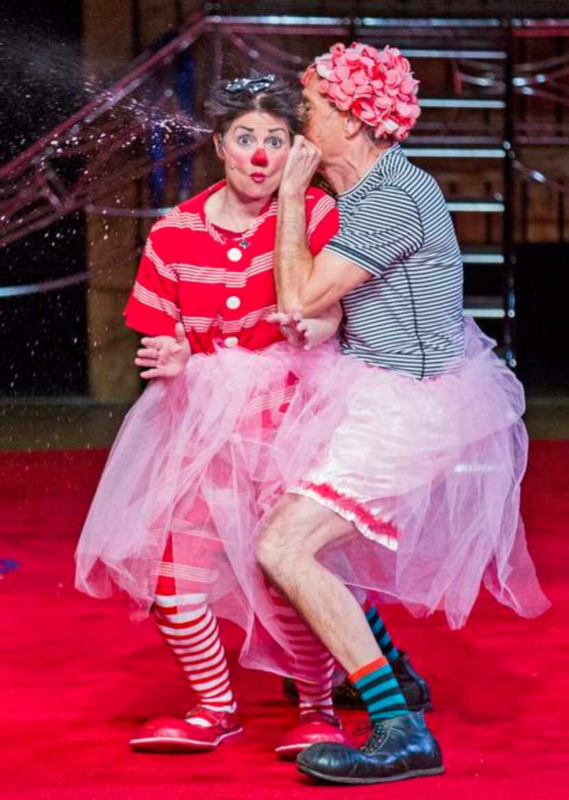 
Clowns Tiffany Riley, a.k.a. “Slappy,” and Dick Monday, a.k.a. “Monday,” perform during the...