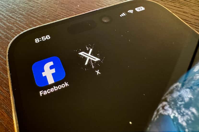 App logos for Facebook and X are seen on a mobile phone in Los Angeles on Saturday, March...