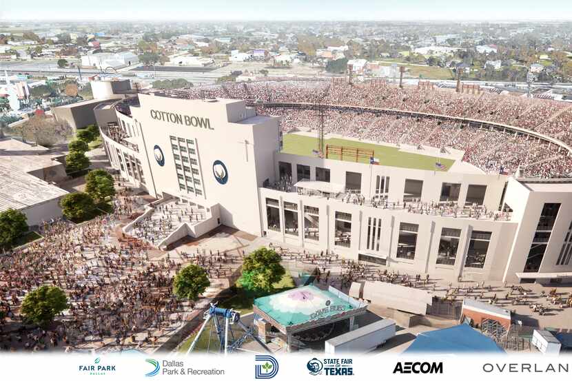 Renderings of a renovated Cotton Bowl stadium at the Fair Park.