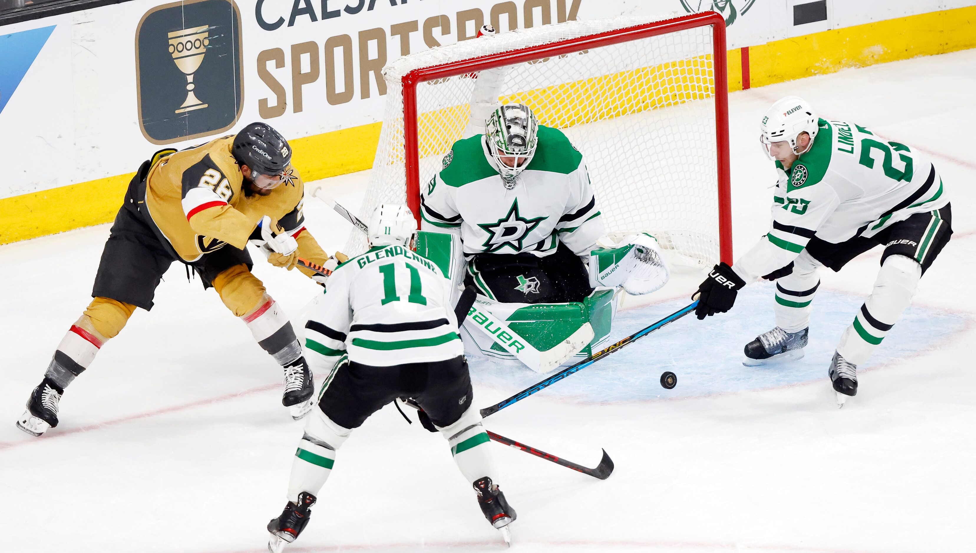 Vegas Golden Knights left wing William Carrier (28) attempts a shot on Dallas Stars...