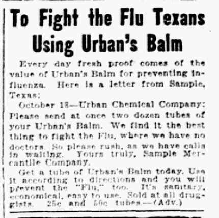 Article from Nov. 07, 1918, "To fight the flu Texas using Urban's Balm."