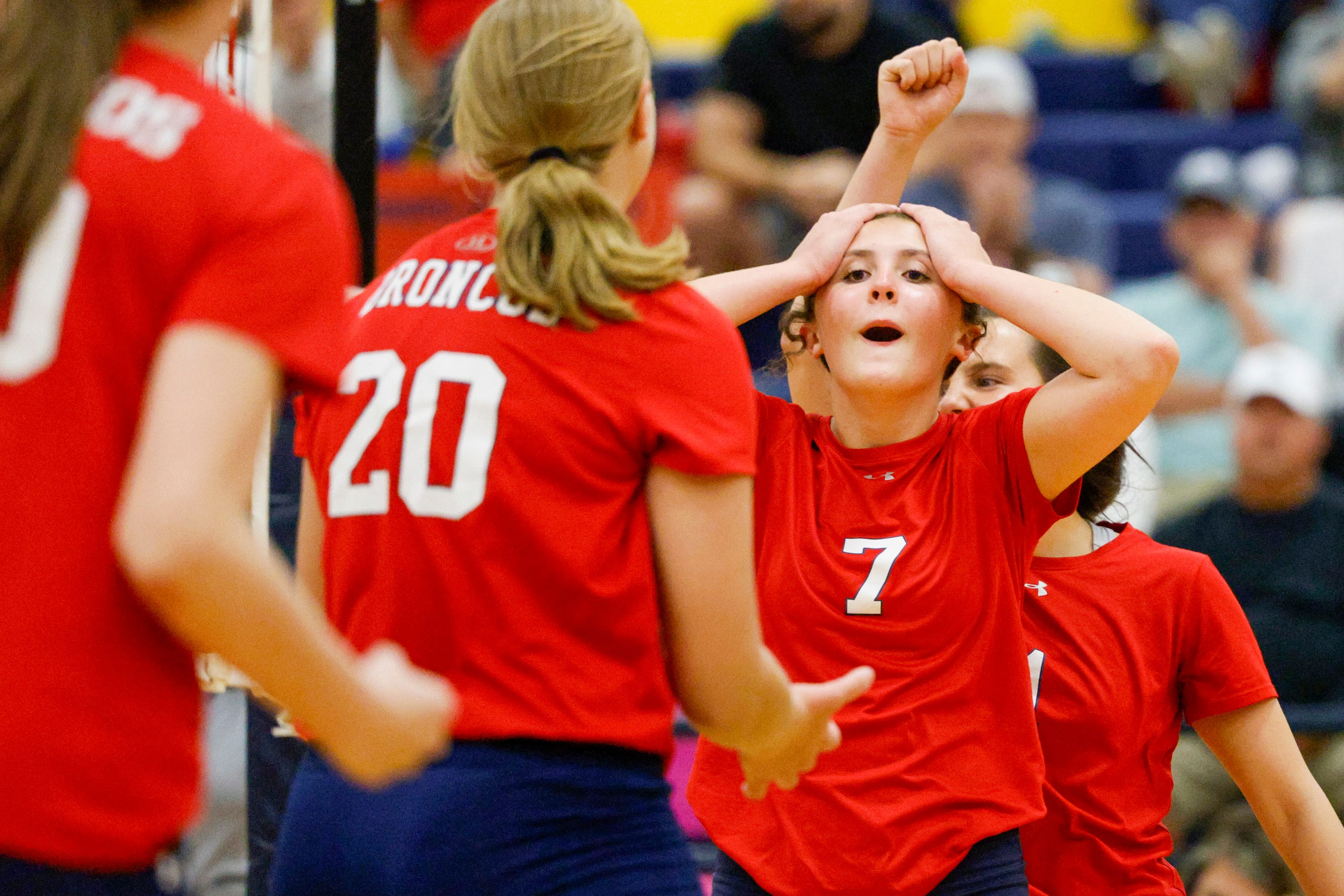 McKinney Boyd’s Sara Quigley (7) reacts after a point during a volleyball match against...