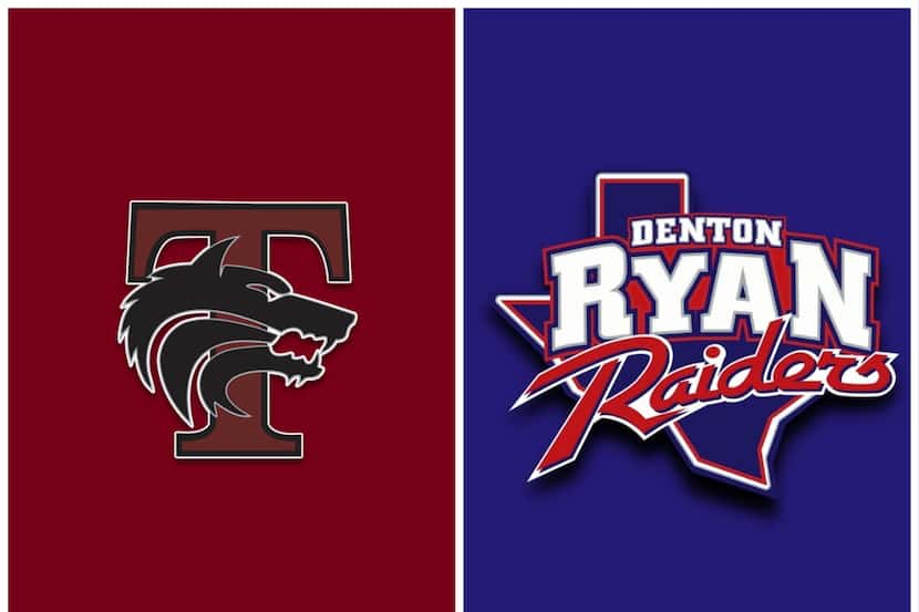 The Mansfield Timberview logo (left) and the Denton Ryan (right).