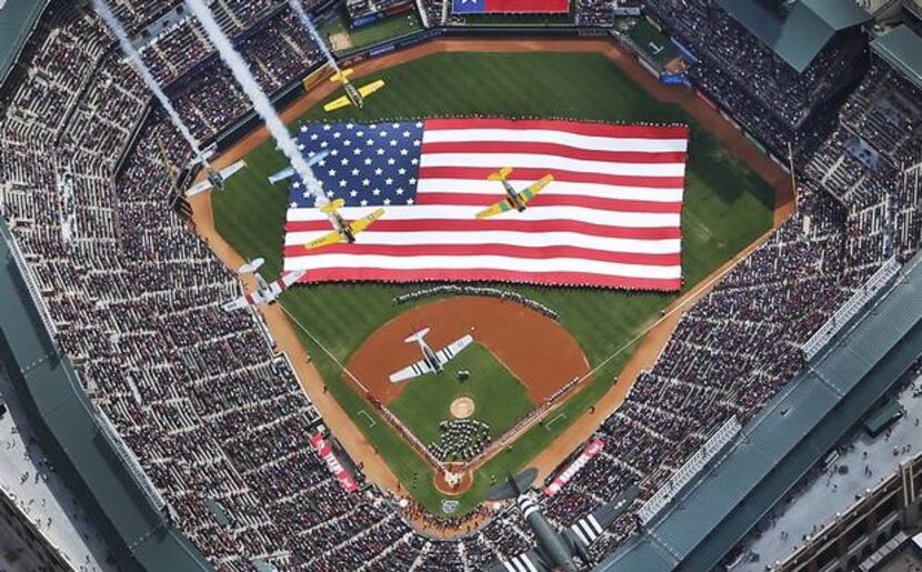 Here's an aerial shot of the flyover before the Philadelphia Phillies vs. the Texas Rangers...