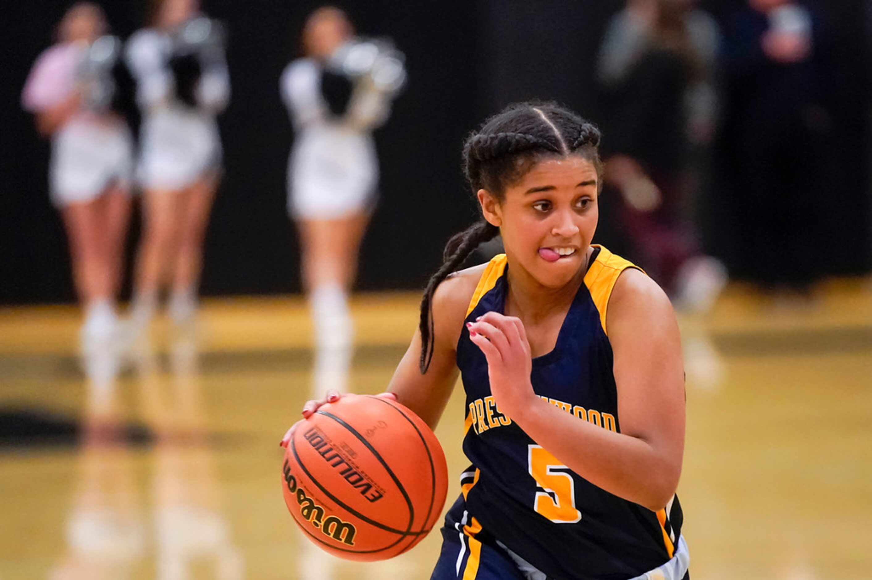 Prestonwood Christian guard Kendall Parker brings the ball up the floor during a TAPPS 2-6A...