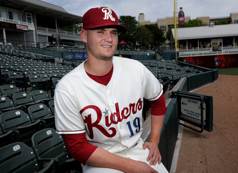 RoughRiders player Connor Sadzeck is photographed at Dr. Pepper Ballpark in Frisco, Texas,...
