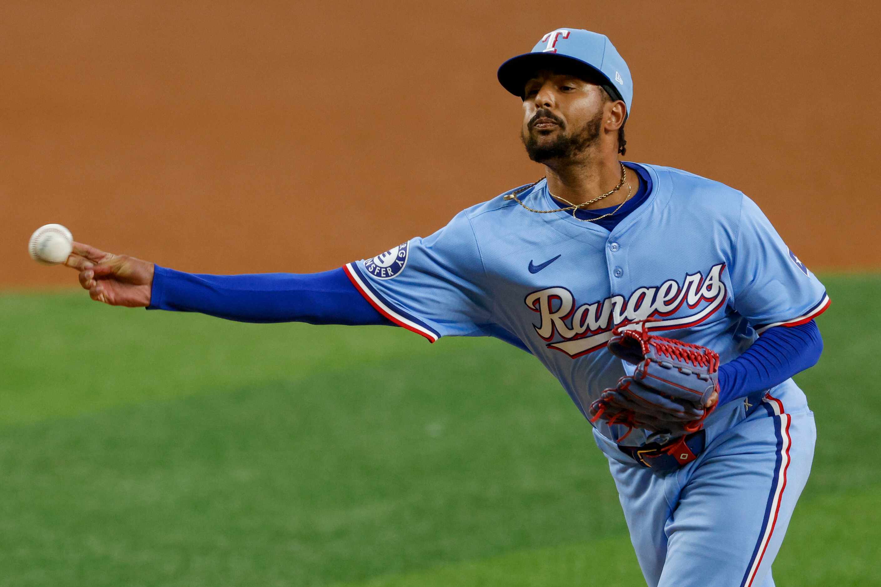 Texas Rangers relief pitcher Grant Anderson throws during the seventh inning against the...