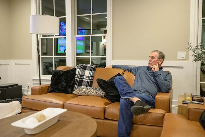 Texas Rangers manager Bruce Bochy watches the World Series in his home on Tuesday Nov. 1,...