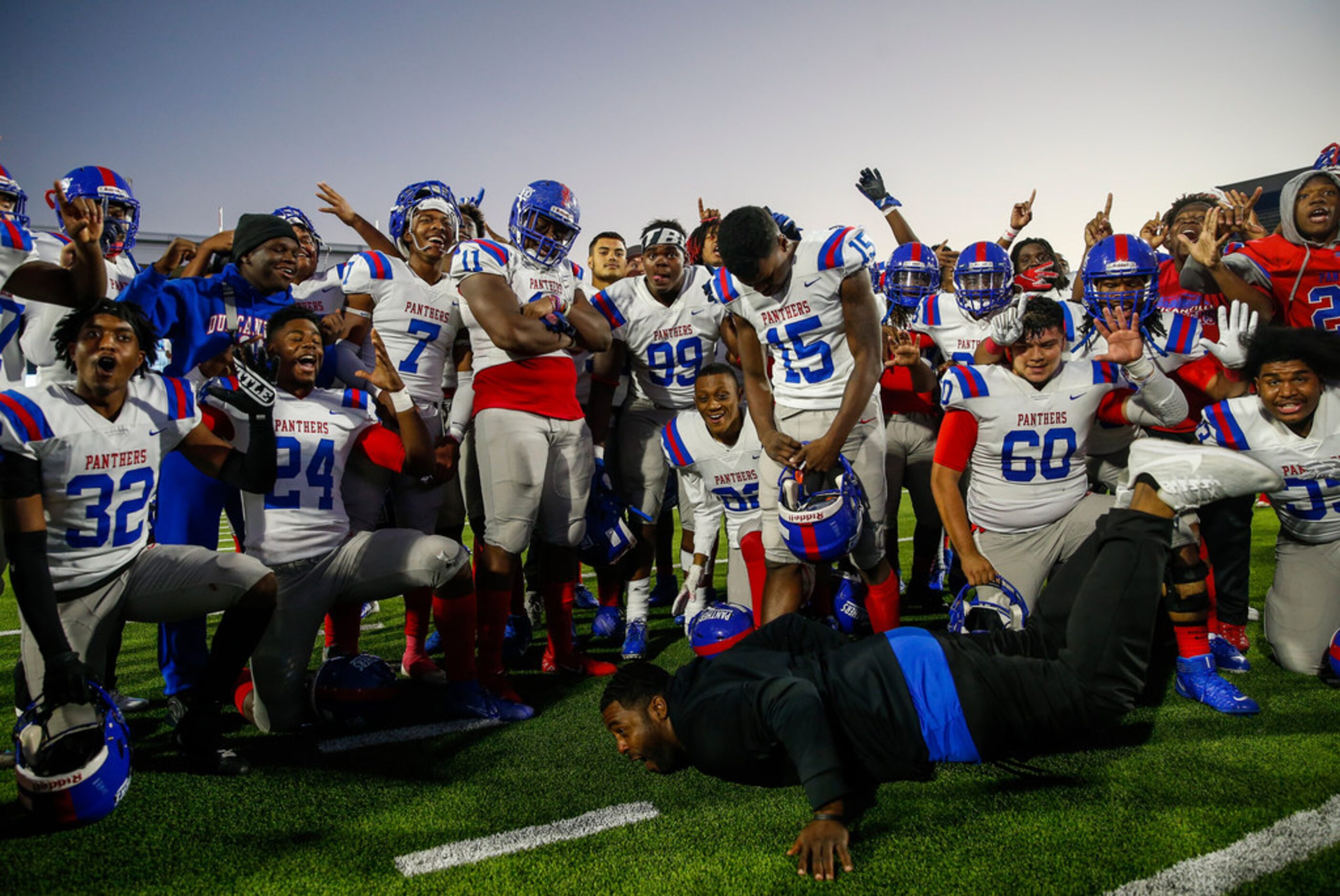 The Duncanville Panthers celebrate a win over Rockwall in the Class 6A Division I state...