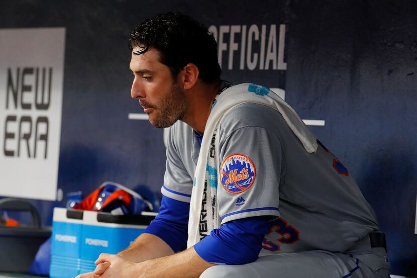 ATLANTA, GA - JUNE 09:  Matt Harvey #33 of the New York Mets sits in the dugout during the...