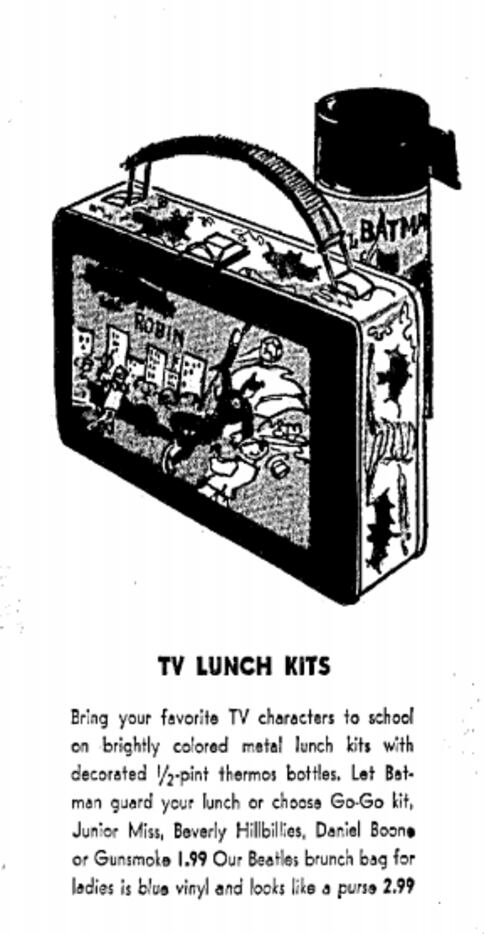 Sanger Harris advertises television-themed lunch boxes, 1966