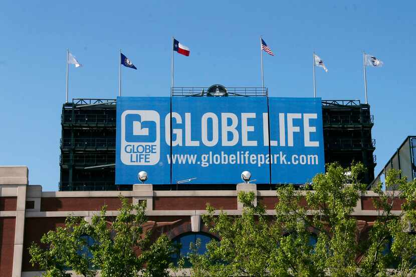 An example of Globe Life Park signage at the stadium, taken before the Seattle Mariners vs....