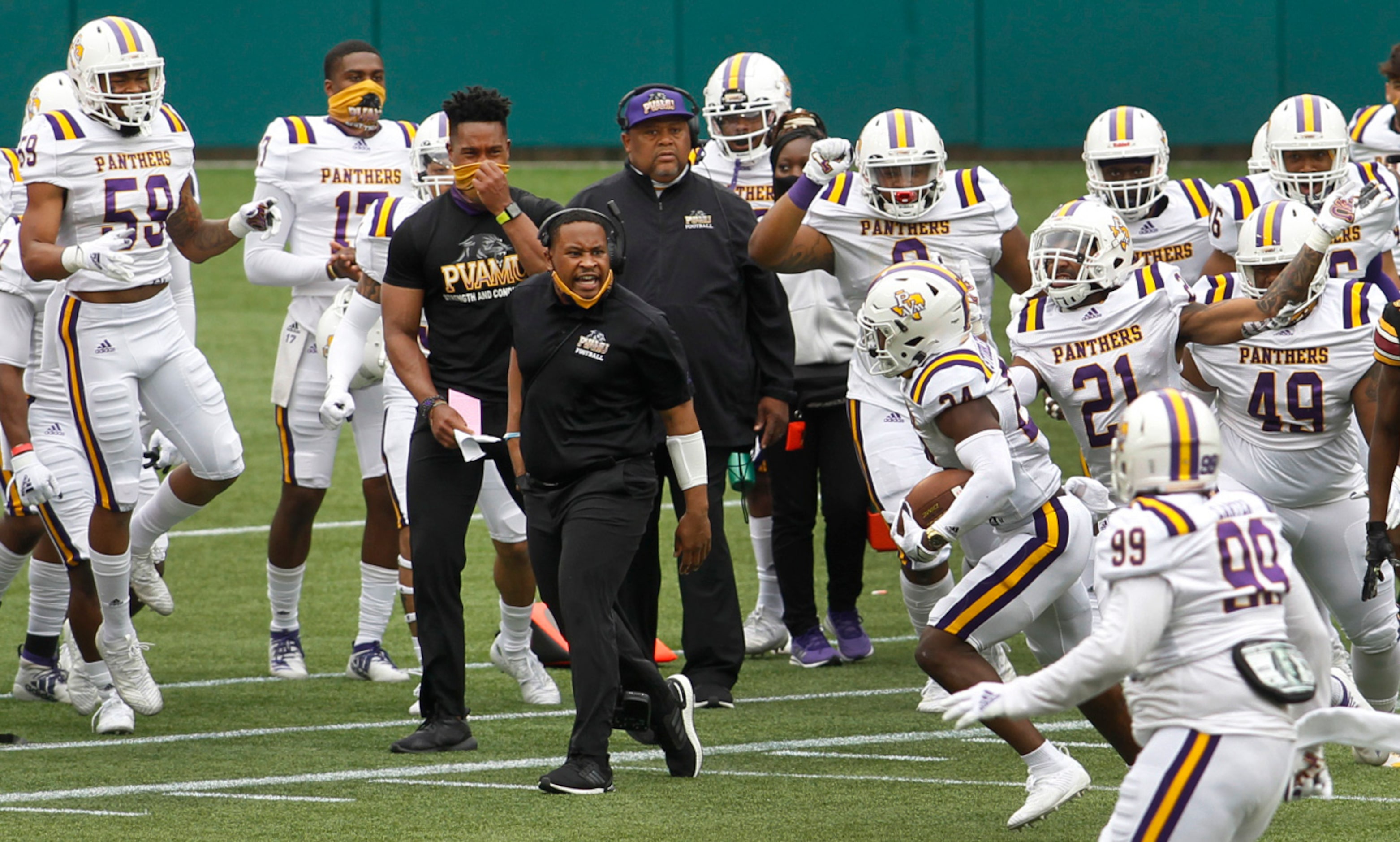 Prairie View A&M defensive back Reginald Stubblefield (24, with football), ignites the...