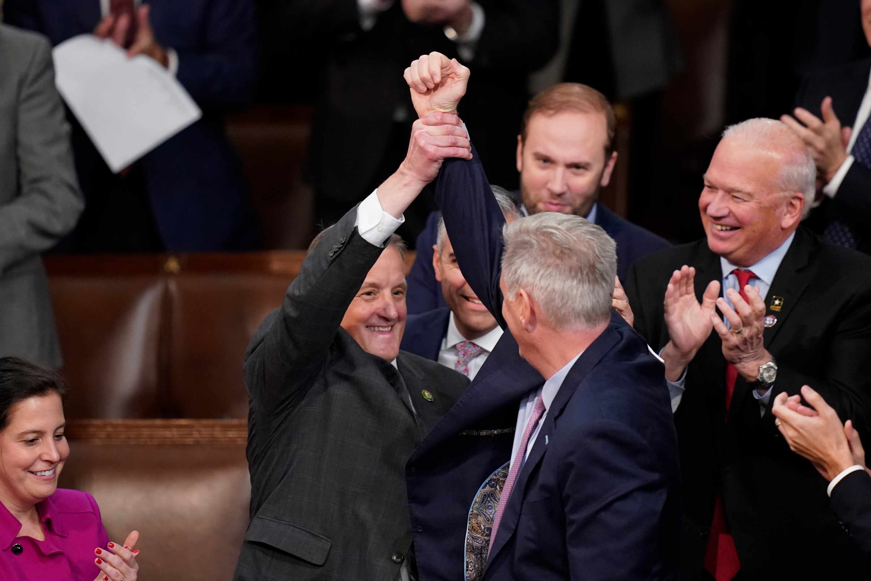 Rep. Kevin McCarthy, R-Calif., reacts after winning the 15th vote in the House chamber as...