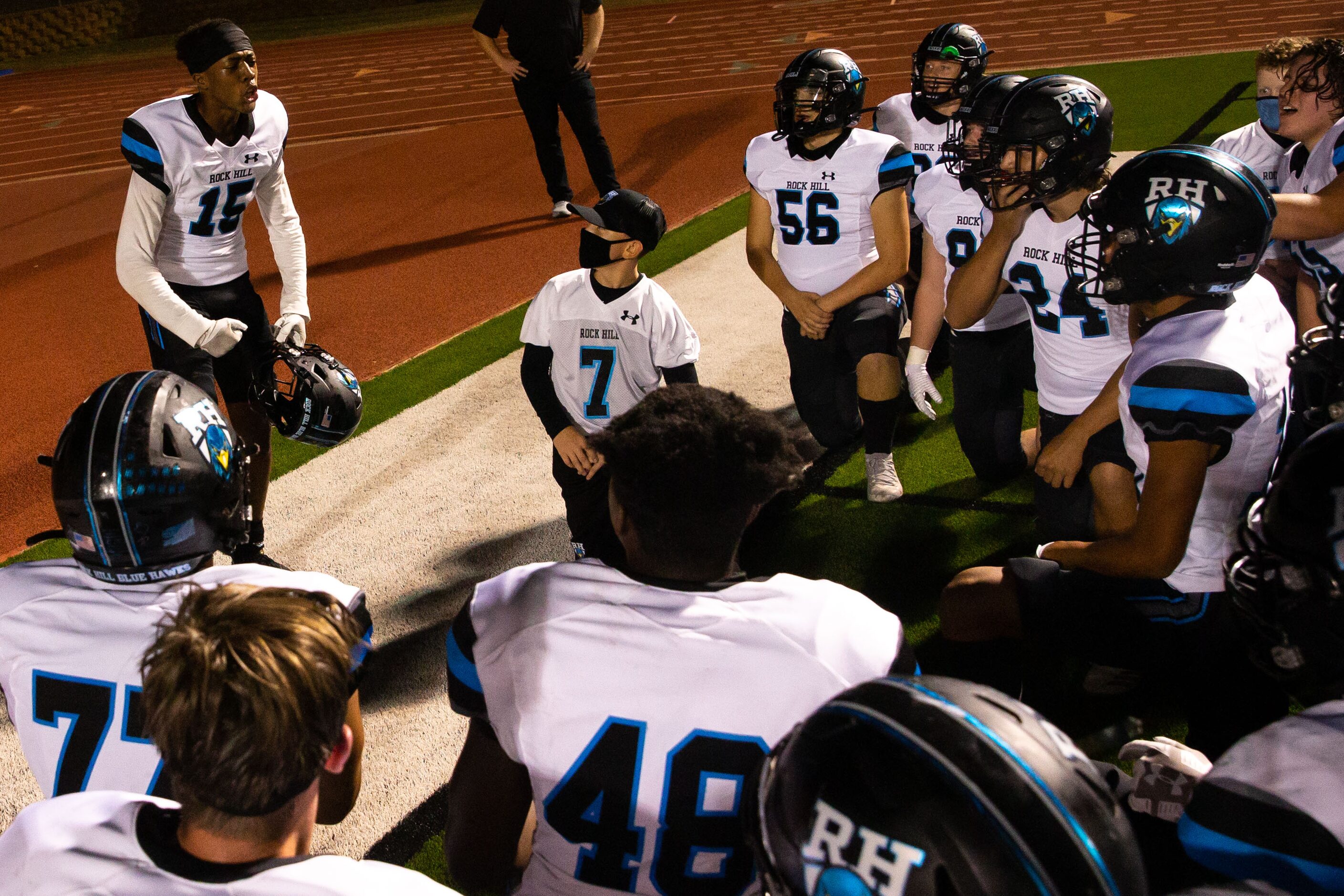 Rock Hill wide receiver Jayden Hall, who scored the game-winning touchdown, celebrate with...