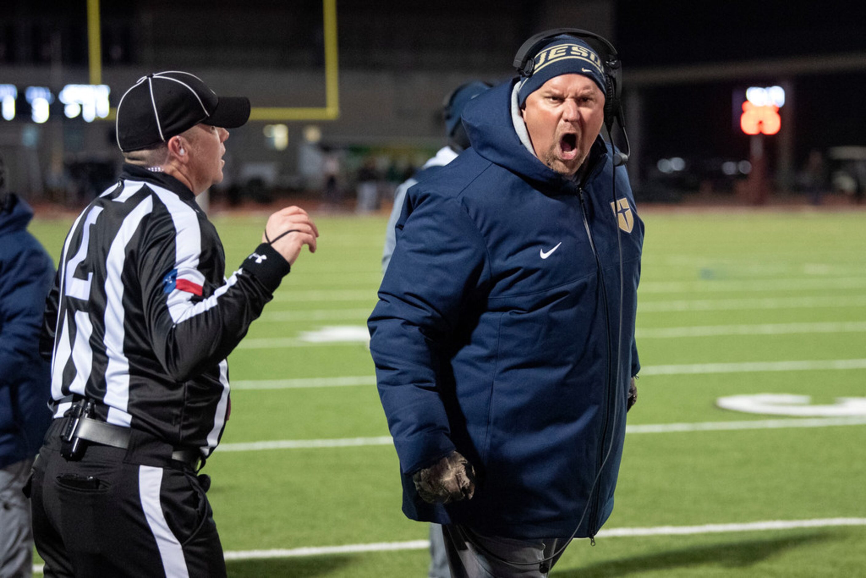 Jesuit head coach Brandon Hickman voices his displeasure after a play that was originally...