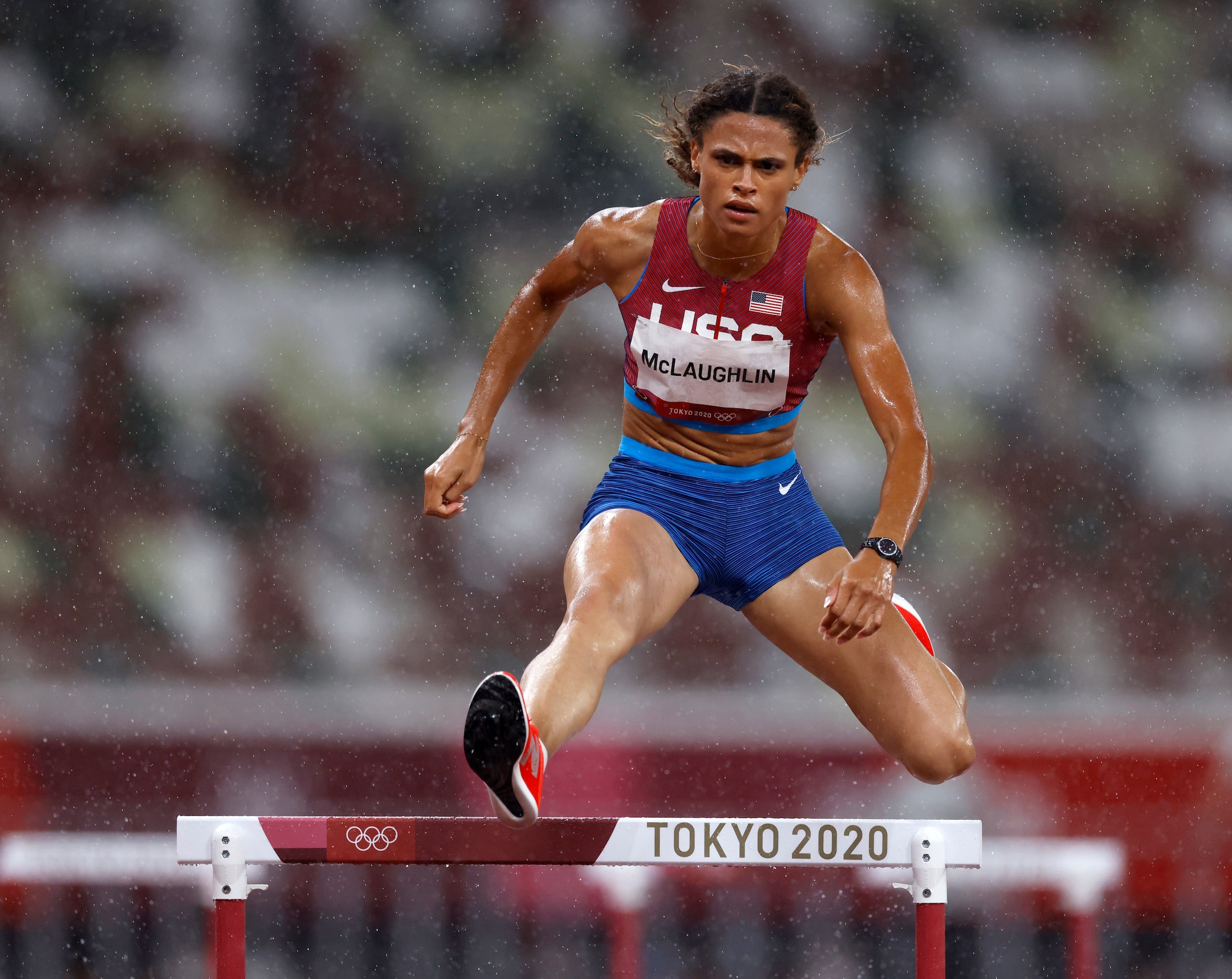 USA’s Sydney McLaughlin competes in the women’s 400 meter hurdles semifinal during the...