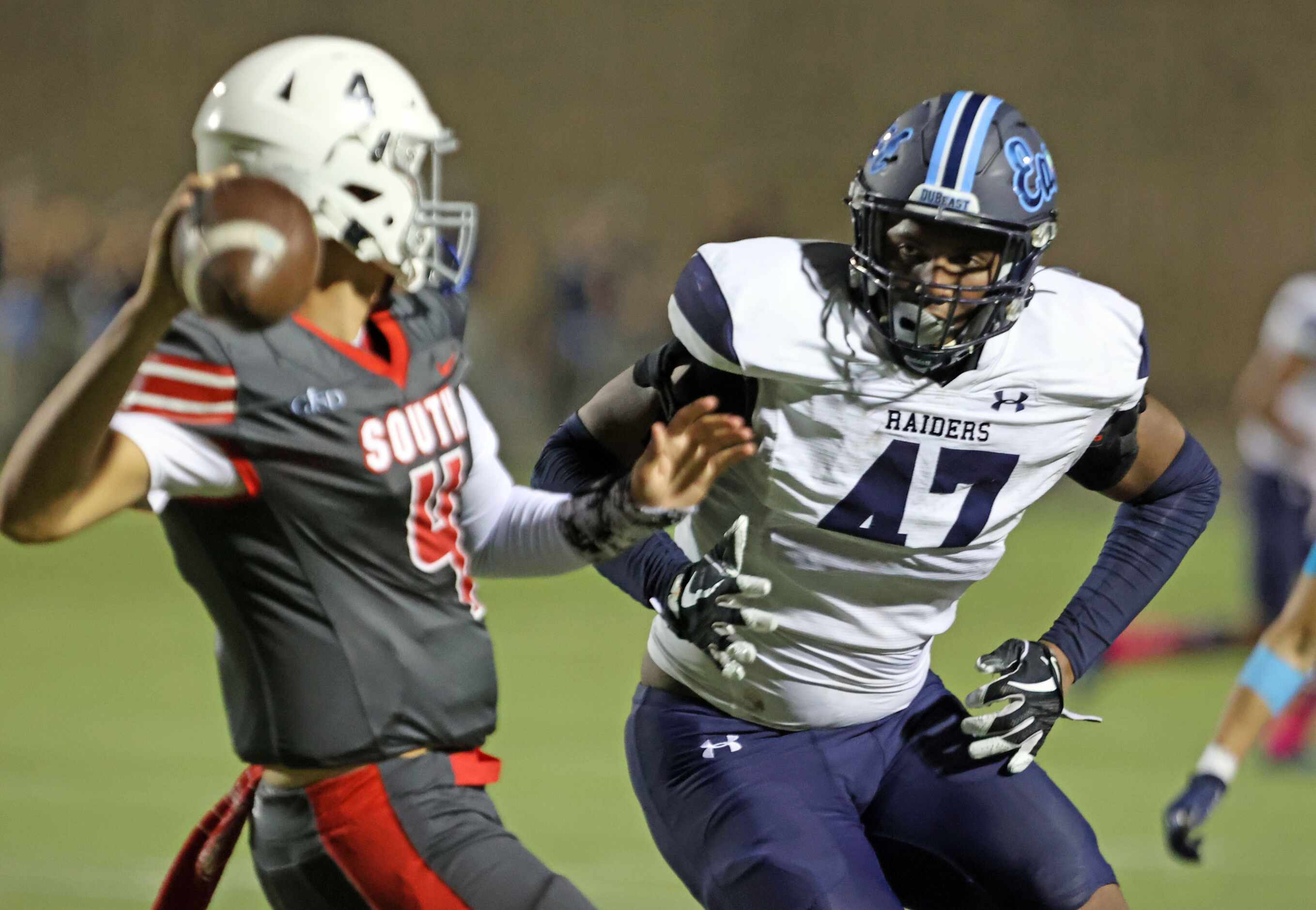 Wylie East defender Anthony James (47) tracks down South Garland high’s Mirko Martos (4)...